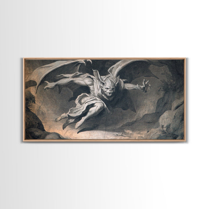 The Bat-Winged Imp, Gothic Nightmare Art, Wide Panoramic Art, Macabre Wall Art, Framed Canvas Print, Halloween Wall Art