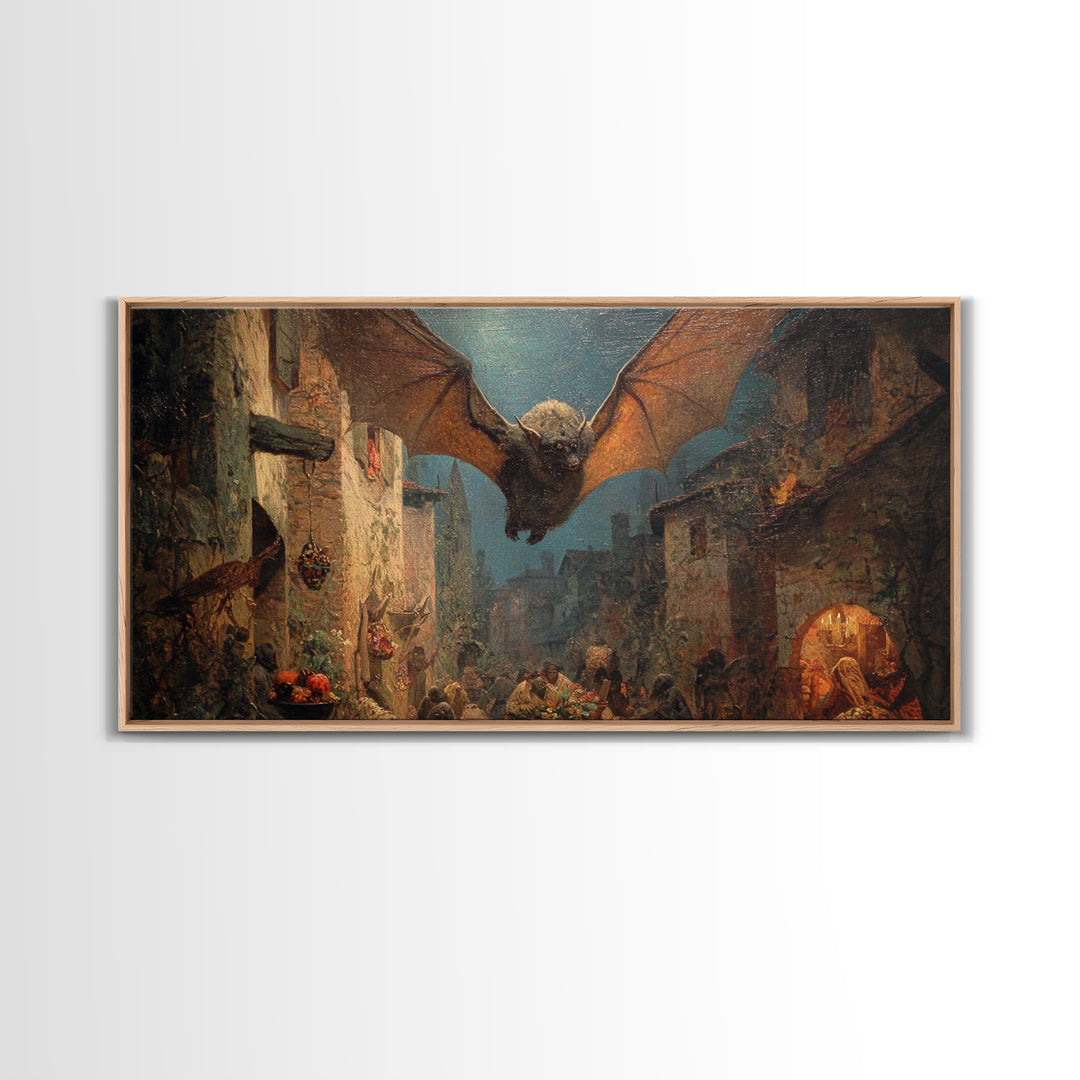 The Bat-Winged Imp, Ornate Symbolist Art, Wide Panoramic Art, Macabre Wall Art, Framed Canvas Print, Halloween Wall Art