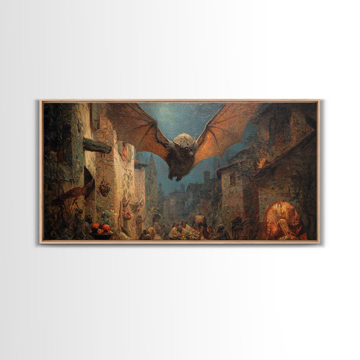 The Bat-Winged Imp, Ornate Symbolist Art, Wide Panoramic Art, Macabre Wall Art, Framed Canvas Print, Halloween Wall Art