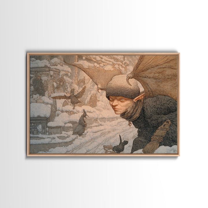 The Bat-Winged Imp, Symbolist Death Art, Landscape Wall Art, Dark Halloween Decor, Framed Canvas Print, Halloween Wall Art