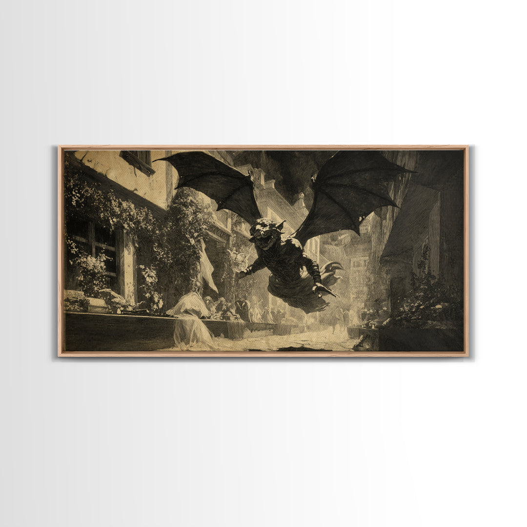 The Bat-Winged Imp, Dark Symbolist Art, Wide Panoramic Art, Dark Halloween Decor, Canvas Print, Halloween Wall Art