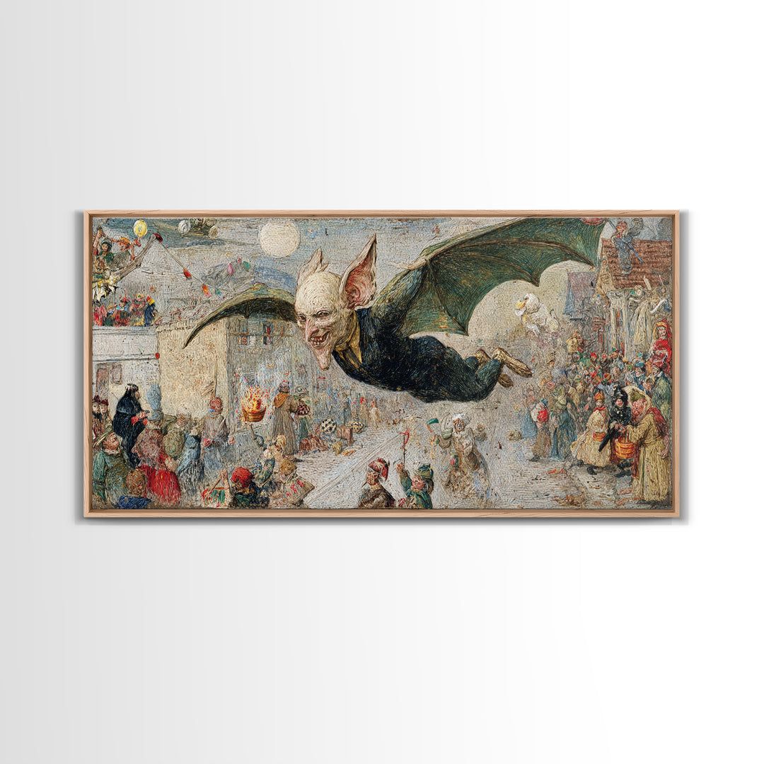The Bat-Winged Imp, Grotesque Carnival Art, Wide Panoramic Art, Macabre Wall Art, Framed Canvas Print, Halloween Wall Art, Halloween Decor