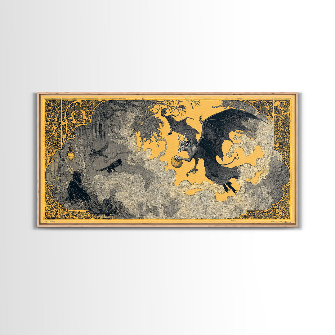 The Bat-Winged Imp, Decadent Line Art, Wide Panoramic Art, Macabre Wall Art, Framed Canvas Print, Halloween Wall Art