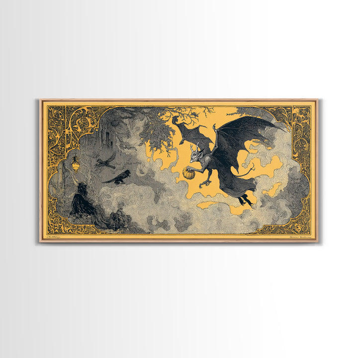 The Bat-Winged Imp, Decadent Line Art, Wide Panoramic Art, Macabre Wall Art, Framed Canvas Print, Halloween Wall Art