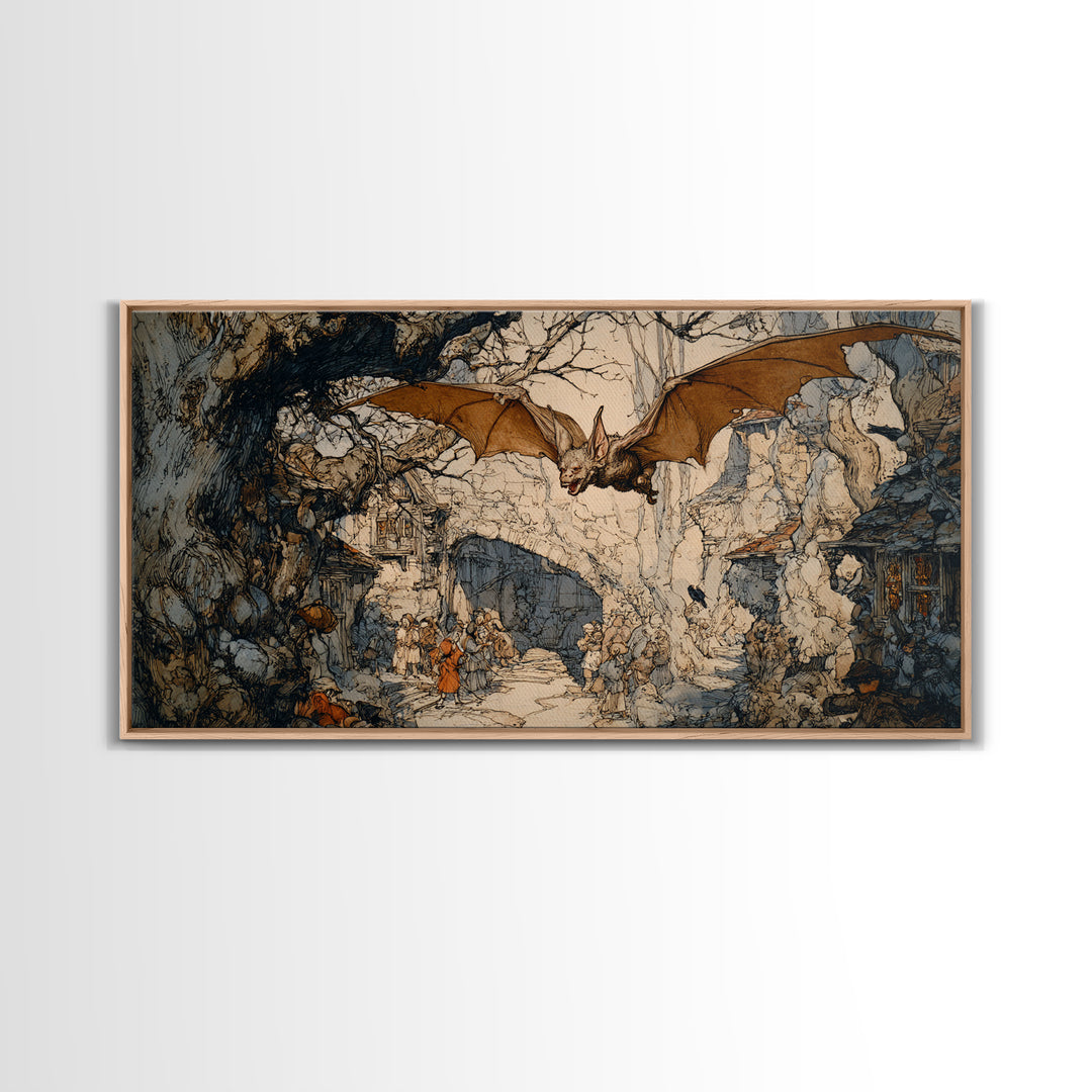 The Bat-Winged Imp, Gothic Storybook Art, Wide Panoramic Art, Dark Fantasy Wall Art, Framed Canvas Print, Halloween Wall Art