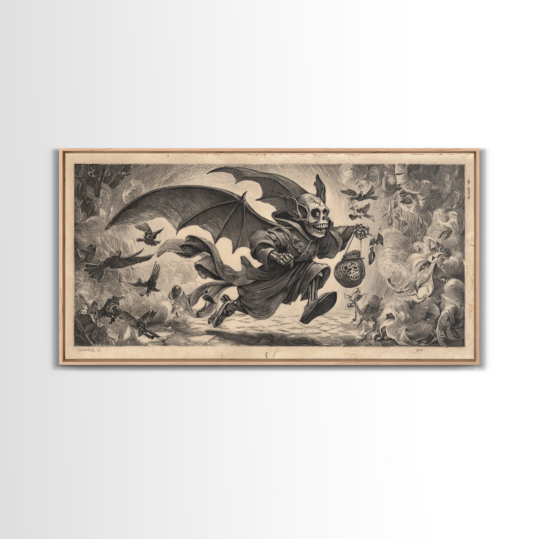 The Bat-Winged Imp, Macabre Folk Print Art, Wide Panoramic Art, Dark Halloween Decor, Framed Canvas Print, Halloween Wall Art