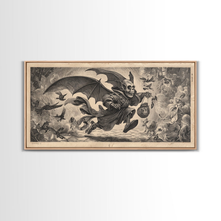 The Bat-Winged Imp, Macabre Folk Print Art, Wide Panoramic Art, Dark Halloween Decor, Framed Canvas Print, Halloween Wall Art