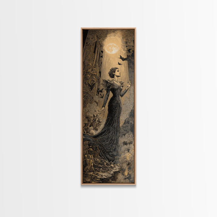 The Spider Queen, Gothic Engraving Art, Tall Narrow Wall Art, Dark Fantasy Wall Art, Framed Canvas Print, Halloween Wall Art