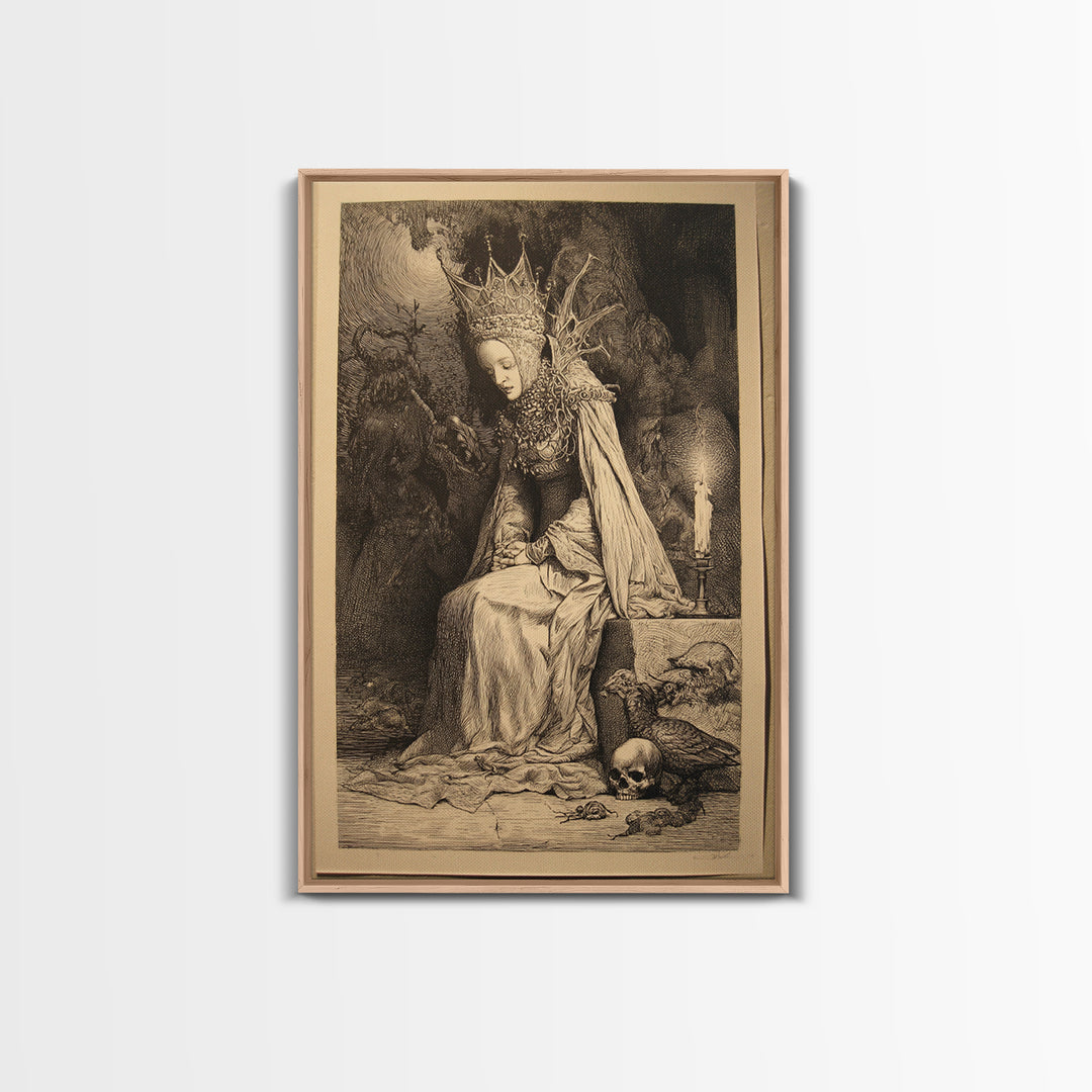 The Spider Queen, Renaissance Engraving Art, Vertical Wall Art, Dark Halloween Decor, Framed Canvas Print, Halloween Wall Art