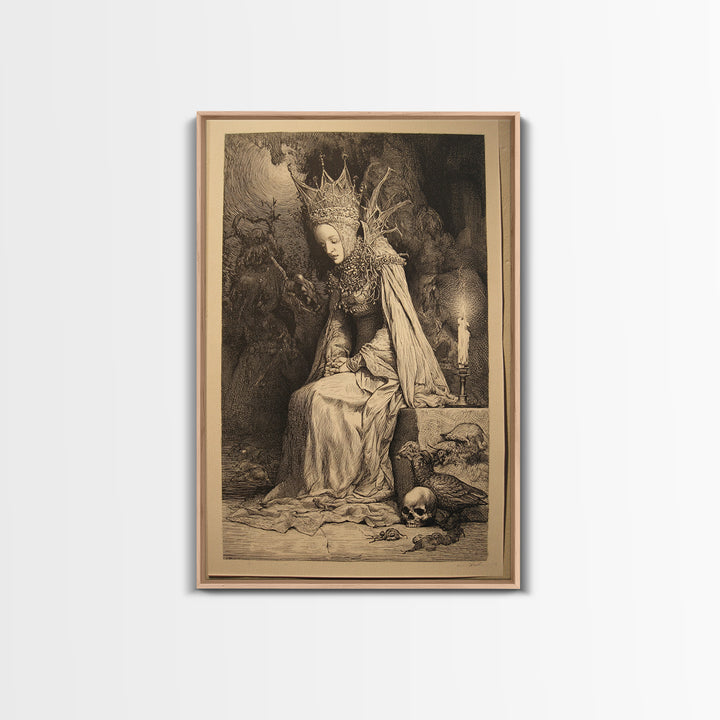The Spider Queen, Renaissance Engraving Art, Vertical Wall Art, Dark Halloween Decor, Framed Canvas Print, Halloween Wall Art