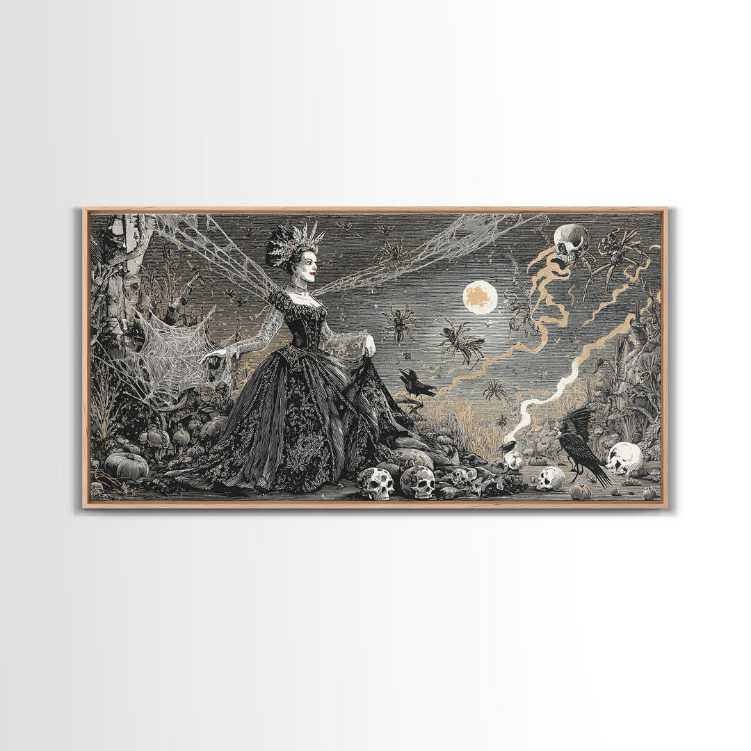 The Spider Queen, Macabre Folk Print Art, Wide Panoramic Art, Dark Halloween Decor, Canvas Print, Halloween Wall Art