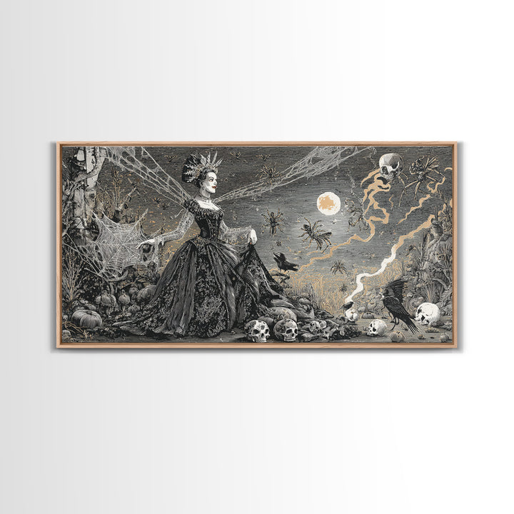 The Spider Queen, Macabre Folk Print Art, Wide Panoramic Art, Dark Halloween Decor, Canvas Print, Halloween Wall Art