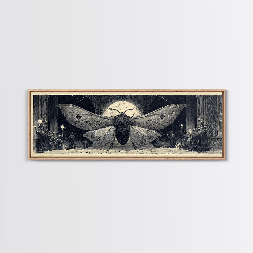 The Red-Eyed Moth Creature, Renaissance Engraving Art, Extra Wide Wall Art, Dark Halloween Decor, Canvas Print, Halloween Wall Art