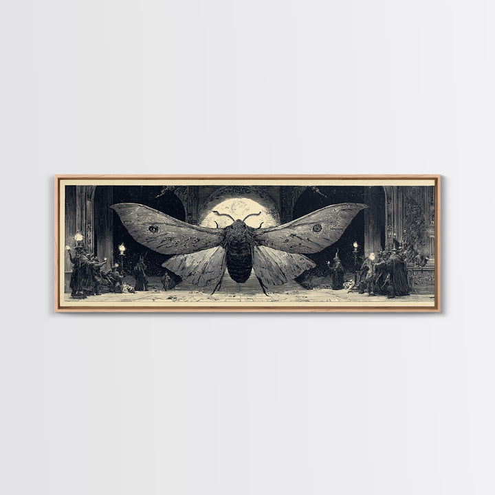 The Red-Eyed Moth Creature, Renaissance Engraving Art, Extra Wide Wall Art, Dark Halloween Decor, Canvas Print, Halloween Wall Art