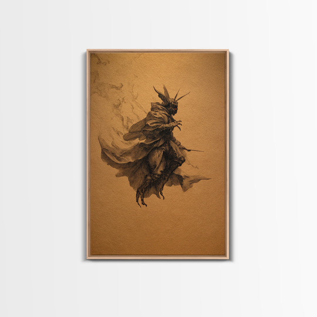 The Red-Eyed Moth Creature, Baroque Witchcraft Art, Vertical Wall Art, Dark Halloween Decor, Canvas Print, Halloween Wall Art