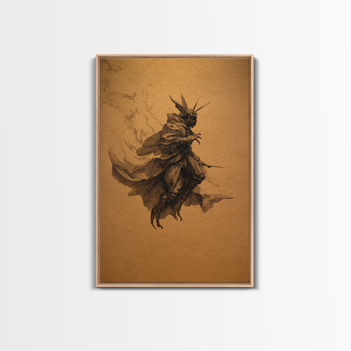The Red-Eyed Moth Creature, Baroque Witchcraft Art, Vertical Wall Art, Dark Halloween Decor, Canvas Print, Halloween Wall Art