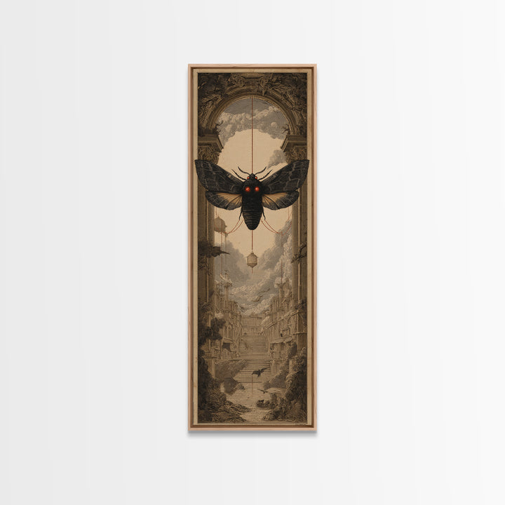 The Red-Eyed Moth Creature, Architectural Etching Art, Tall Narrow Wall Art, Macabre Wall Art, Canvas Print, Horror Wall Art