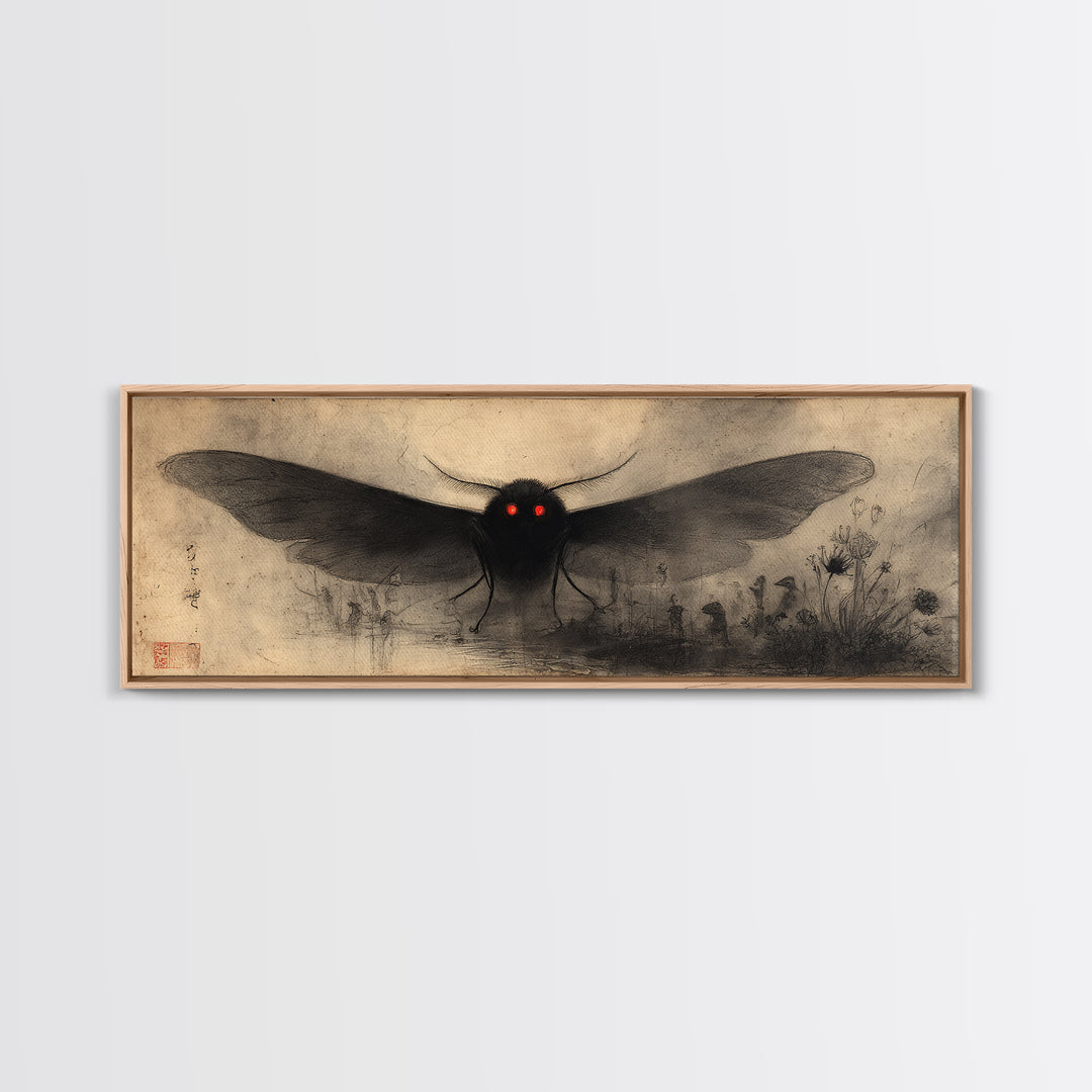 The Red-Eyed Moth Creature, Symbolist Dream Art, Extra Wide Wall Art, Gothic Horror Wall Art, Framed Canvas Print, Halloween Wall Art
