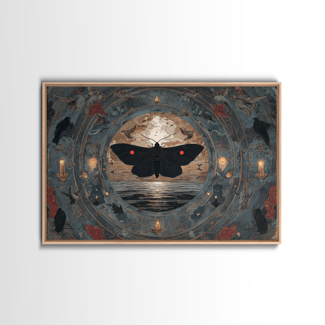 The Red-Eyed Moth Creature, Symbolist Gothic Landscape, Landscape Wall Art, Dark Halloween Decor, Framed Canvas Print, Halloween Wall Art