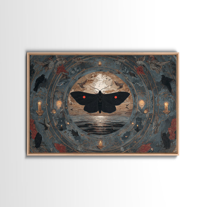 The Red-Eyed Moth Creature, Symbolist Gothic Landscape, Landscape Wall Art, Dark Halloween Decor, Framed Canvas Print, Halloween Wall Art