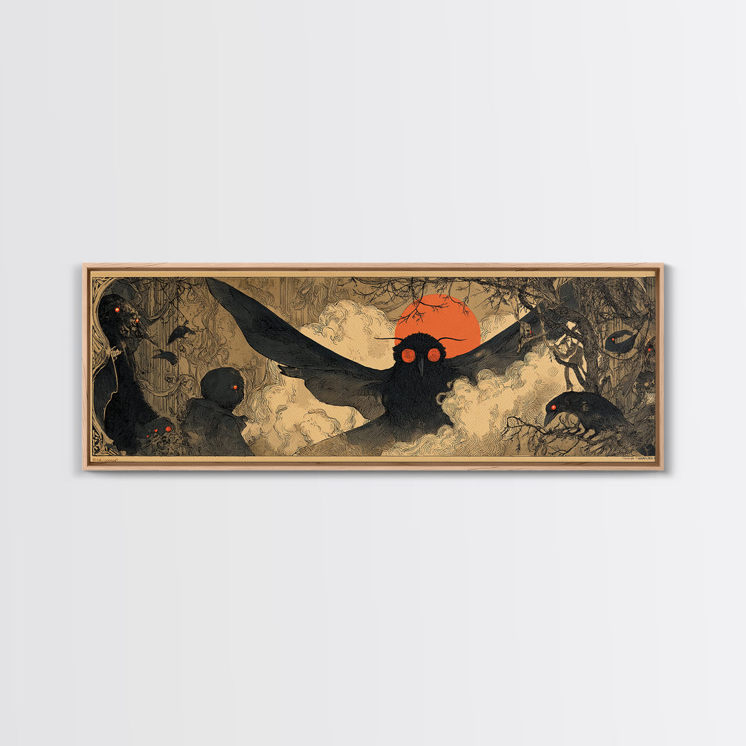 The Red-Eyed Moth Creature, Decadent Gothic Art, Extra Wide Wall Art, Dark Halloween Decor, Canvas Print, Halloween Wall Art