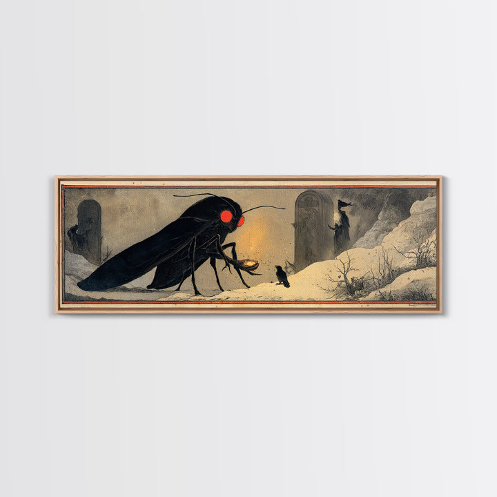 The Red-Eyed Moth Creature, Symbolist Death Art, Extra Wide Wall Art, Dark Fantasy Wall Art, Canvas Print, Halloween Wall Art