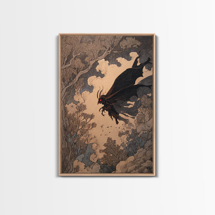 The Red-Eyed Moth Creature, Gothic Storybook Art, Vertical Wall Art, Macabre Wall Art, Canvas Print, Halloween Wall Art