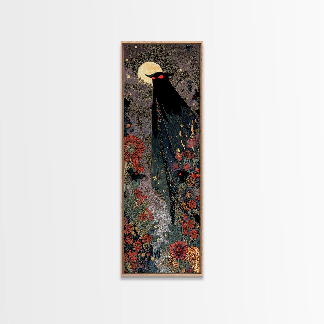 The Red-Eyed Moth Creature, Stained Glass Gothic Art, Tall Narrow Wall Art, Dark Halloween Decor, Framed Canvas Print, Halloween Wall Art