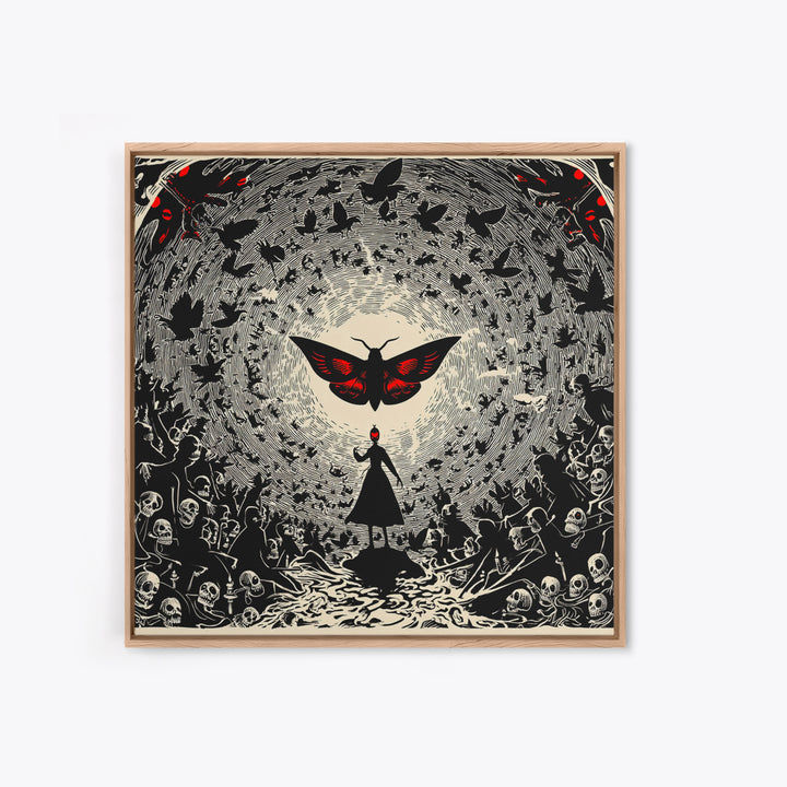 The Red-Eyed Moth Creature, Macabre Folk Print Art, Square Wall Art, Dark Halloween Decor, Canvas Print, Halloween Wall Art