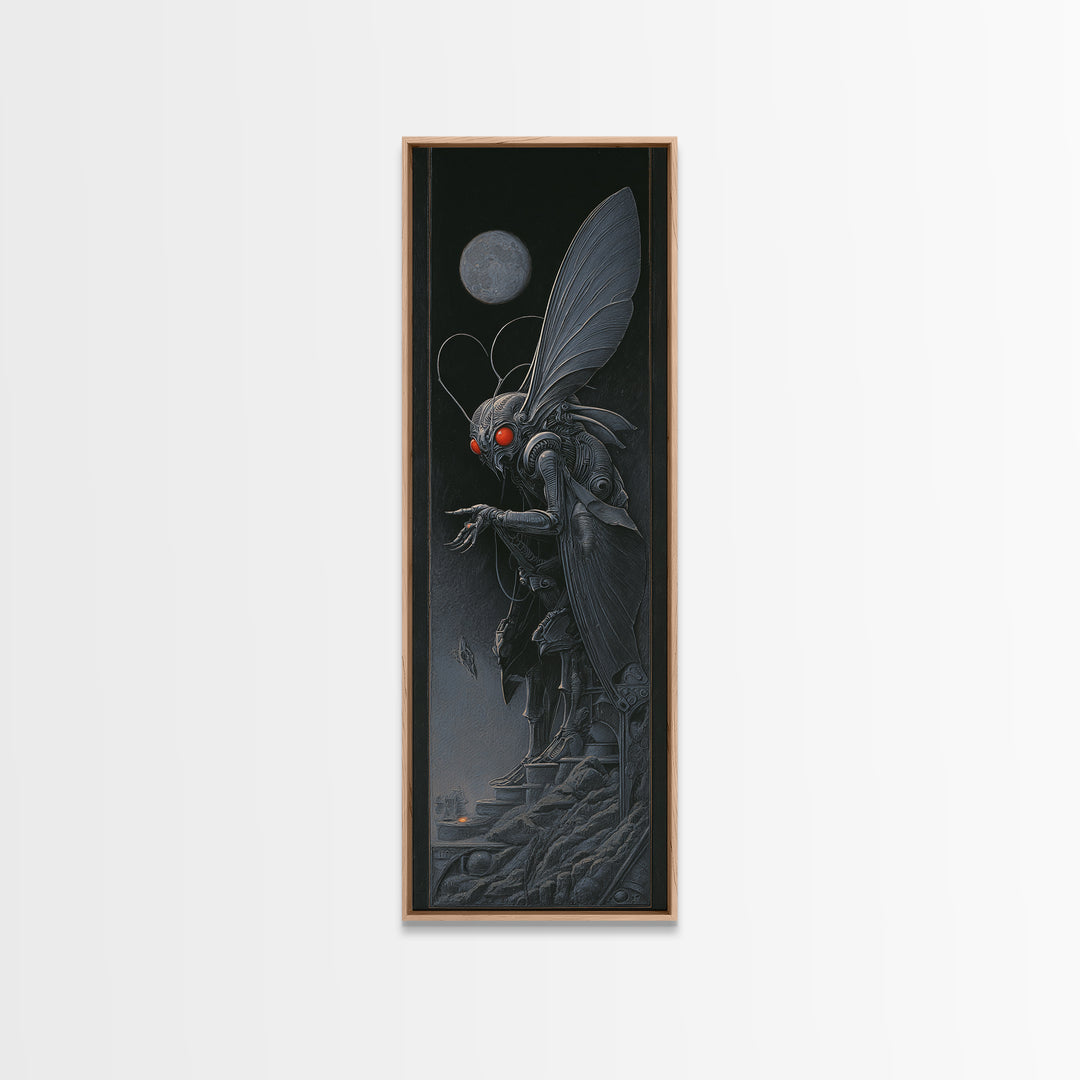 The Red-Eyed Moth Creature, Biomechanical Horror Art, Tall Narrow Wall Art, Macabre Wall Art, Canvas Print, Halloween Wall Art