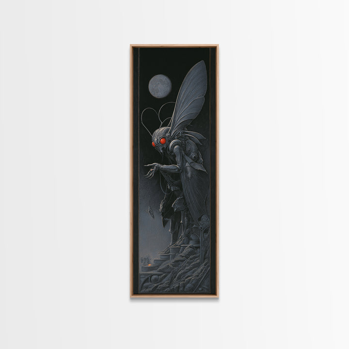 The Red-Eyed Moth Creature, Biomechanical Horror Art, Tall Narrow Wall Art, Macabre Wall Art, Canvas Print, Halloween Wall Art