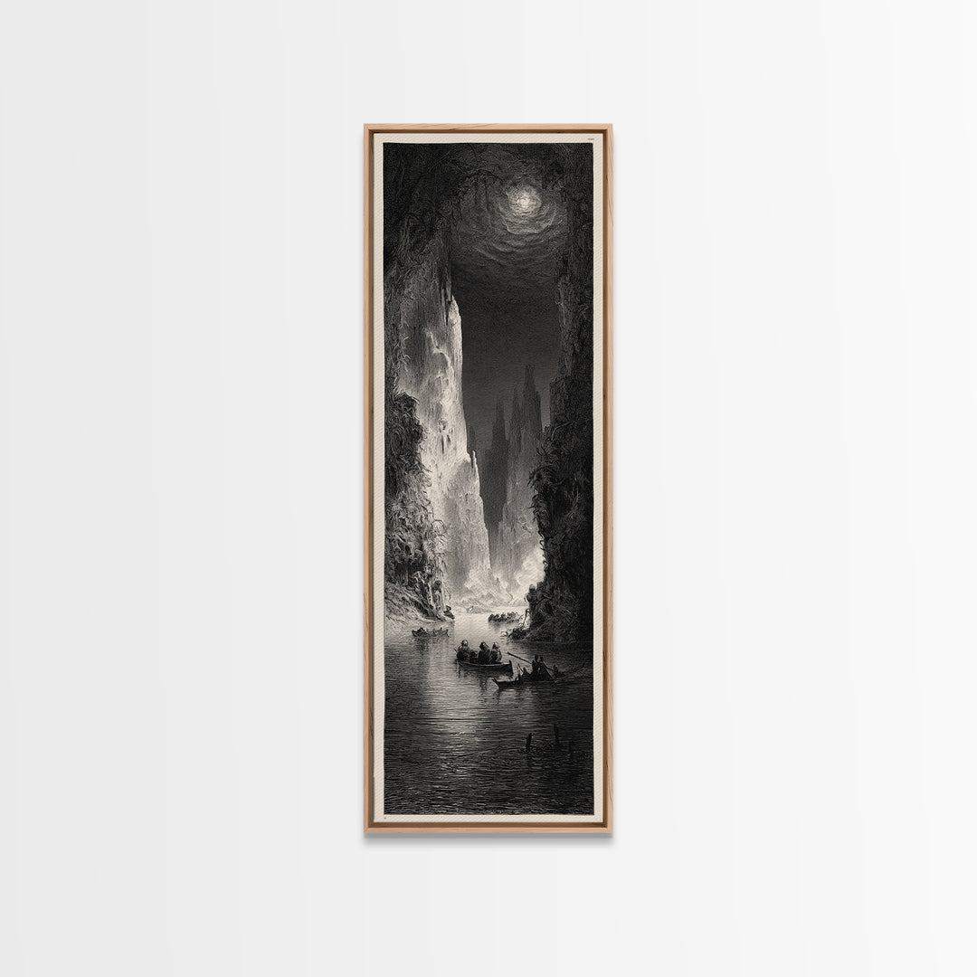 The Lake Phantom, Gothic Engraving Art, Tall Narrow Wall Art, Dark Fantasy Wall Art, Framed Canvas Print, Halloween Wall Art