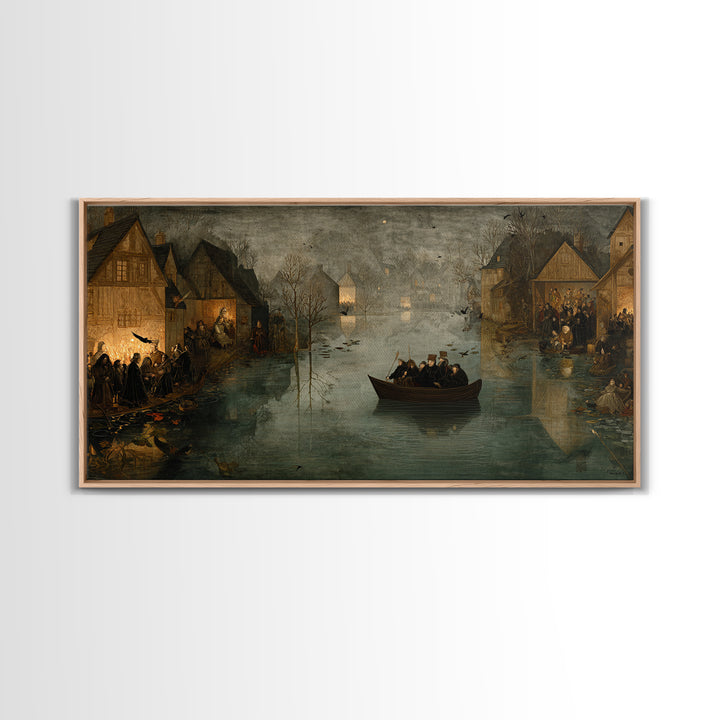 The Lake Phantom, Northern Renaissance Horror, Wide Panoramic Art, Dark Fantasy Wall Art, Framed Canvas Print, Halloween Wall Art