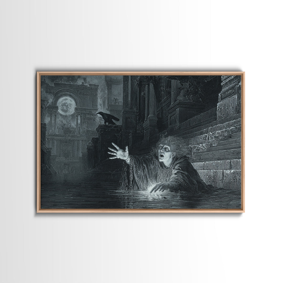 The Lake Phantom, Architectural Etching Art, Landscape Wall Art, Dark Fantasy Wall Art, Canvas Print, Halloween Wall Art