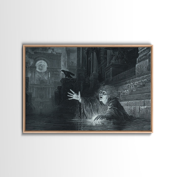 The Lake Phantom, Architectural Etching Art, Landscape Wall Art, Dark Fantasy Wall Art, Canvas Print, Halloween Wall Art