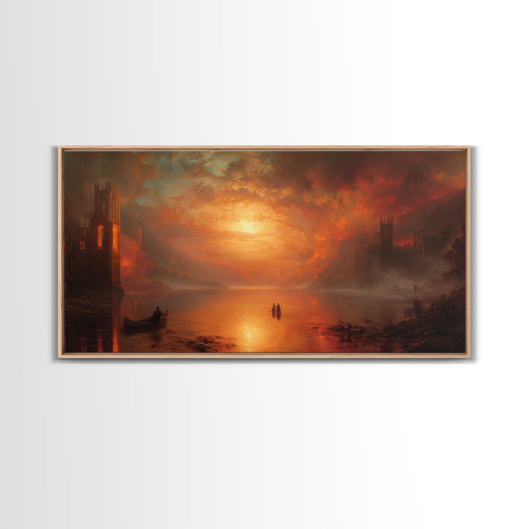 The Lake Phantom, Apocalyptic Romantic Art, Wide Panoramic Art, Gothic Horror Wall Art, Framed Canvas Print, Halloween Wall Art