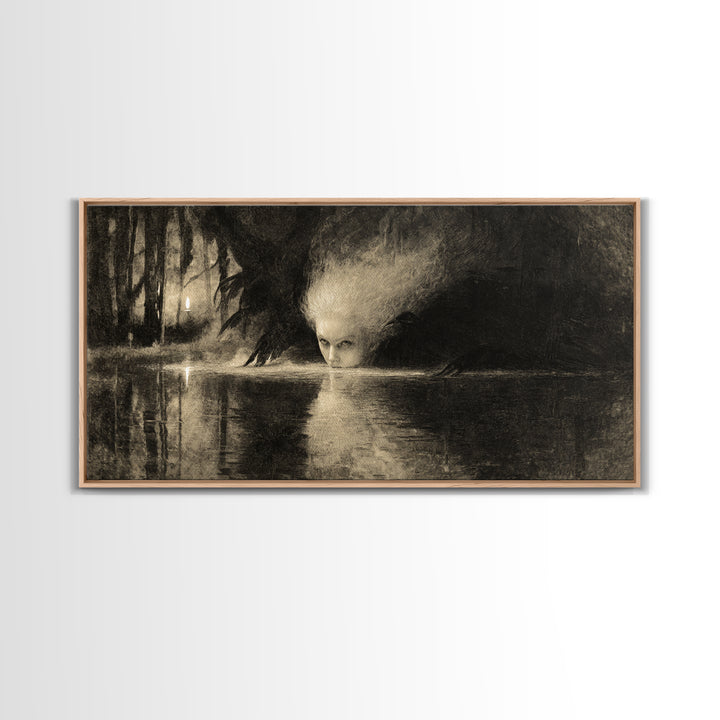 The Lake Phantom, Expressionist Nightmare Art, Wide Panoramic Art, Macabre Wall Art, Canvas Print, Halloween Wall Art, Halloween Decor