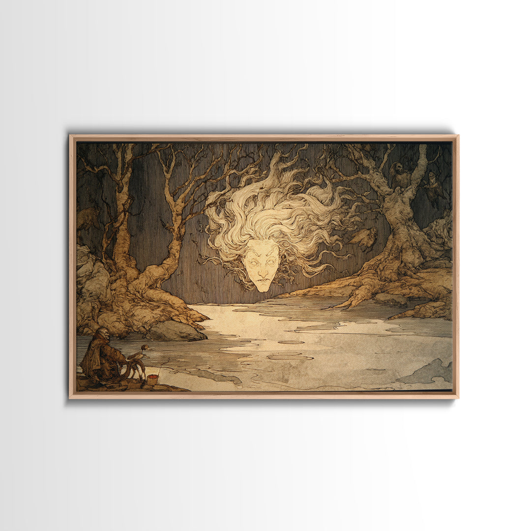 The Lake Phantom, Gothic Storybook Art, Landscape Wall Art, Dark Halloween Decor, Framed Canvas Print, Halloween Wall Art