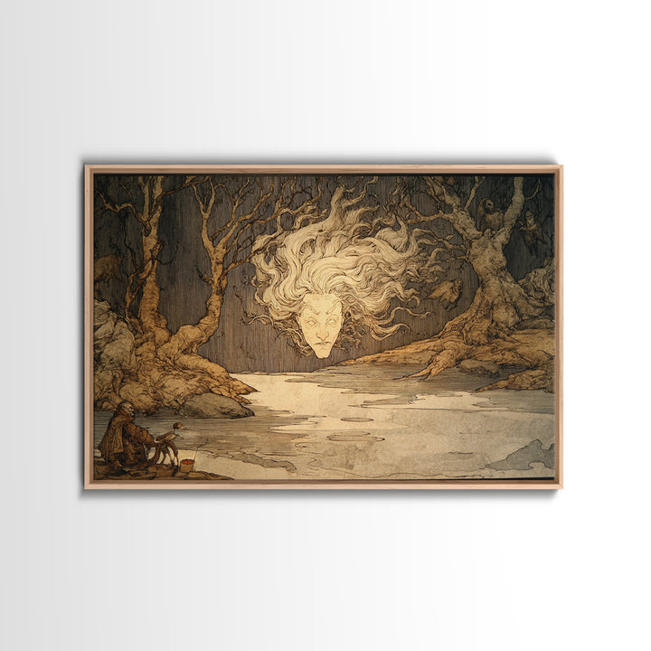 The Lake Phantom, Gothic Storybook Art, Landscape Wall Art, Dark Halloween Decor, Framed Canvas Print, Halloween Wall Art