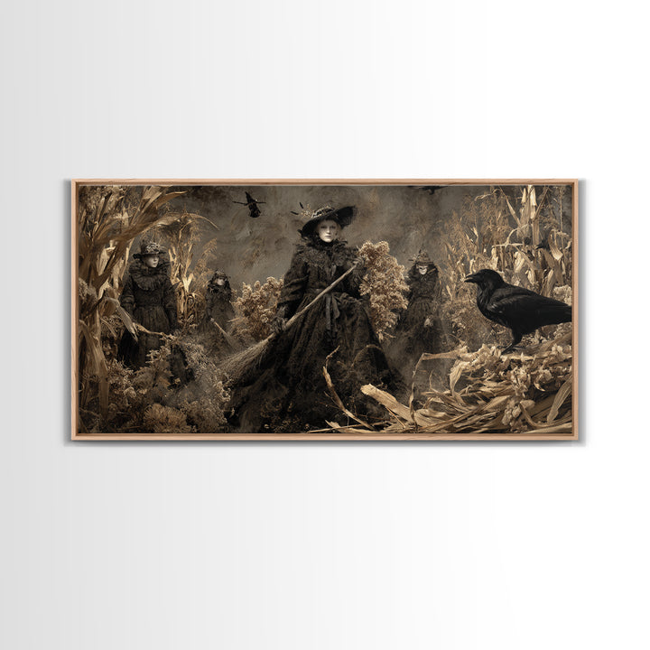 The Salt-Marsh Witch, Northern Renaissance Horror, Wide Panoramic Art, Macabre Wall Art, Framed Canvas Print, Halloween Wall Art