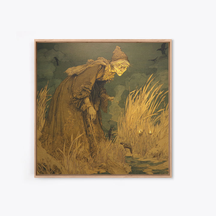The Salt-Marsh Witch, Symbolist Etching Art, Square Wall Art, Dark Halloween Decor, Framed Canvas Print, Halloween Wall Art