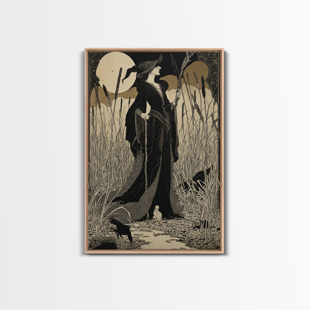 The Salt-Marsh Witch, Decadent Line Art, Vertical Wall Art, Dark Halloween Decor, Framed Canvas Print, Halloween Wall Art