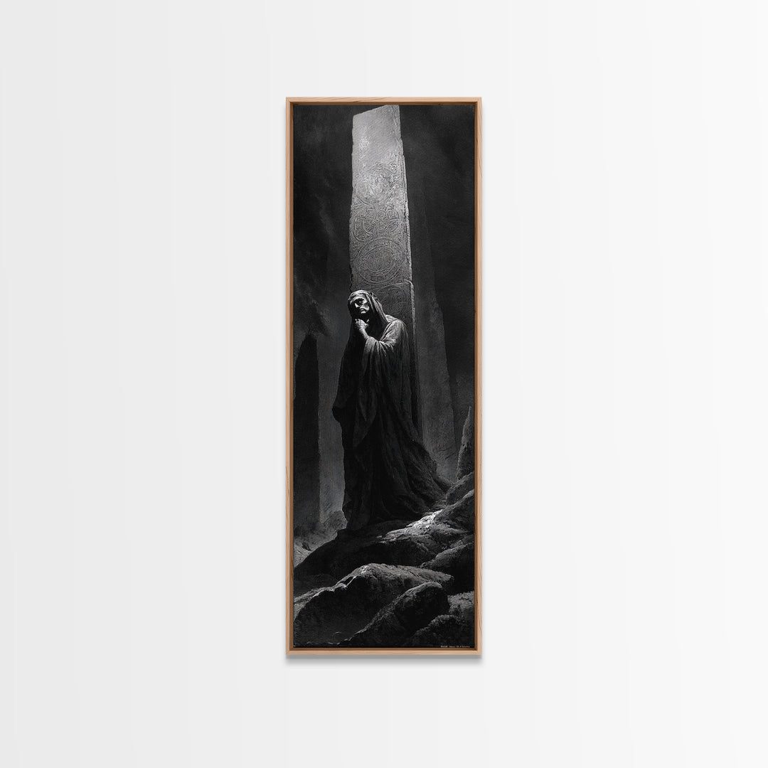 The Stone-Circle Spirit, Gothic Engraving Art, Tall Narrow Wall Art, Macabre Wall Art, Framed Canvas Print, Halloween Wall Art