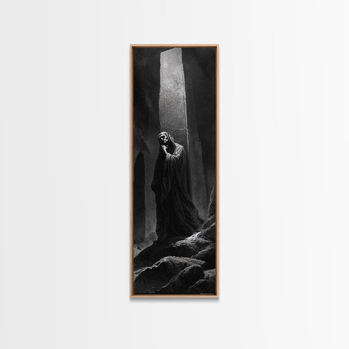 The Stone-Circle Spirit, Gothic Engraving Art, Tall Narrow Wall Art, Macabre Wall Art, Framed Canvas Print, Halloween Wall Art