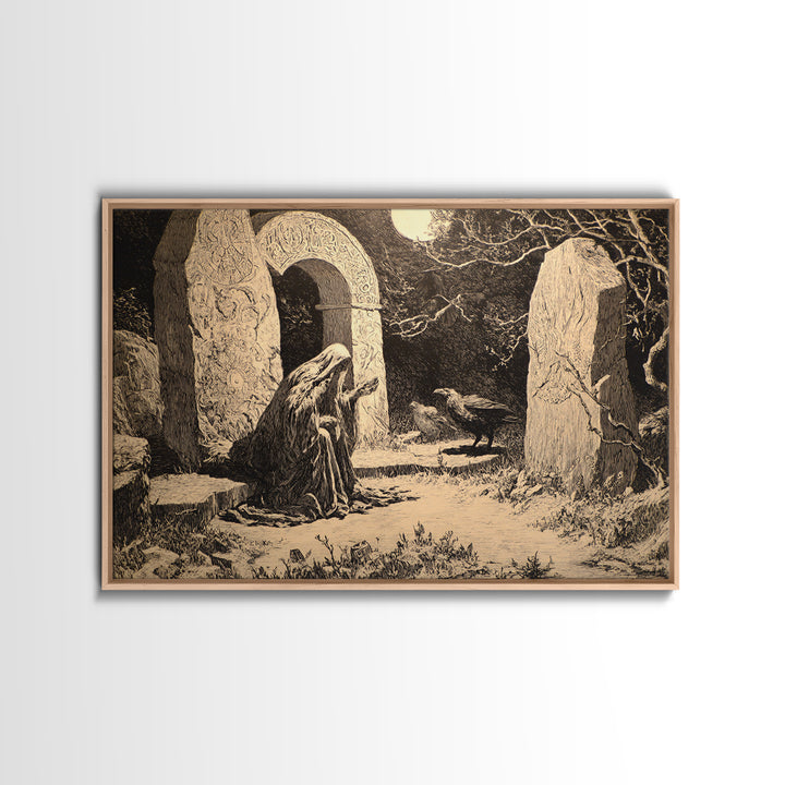 The Stone-Circle Spirit, Symbolist Etching Art, Landscape Wall Art, Macabre Wall Art, Canvas Print, Halloween Wall Art, Gothic Home Decor