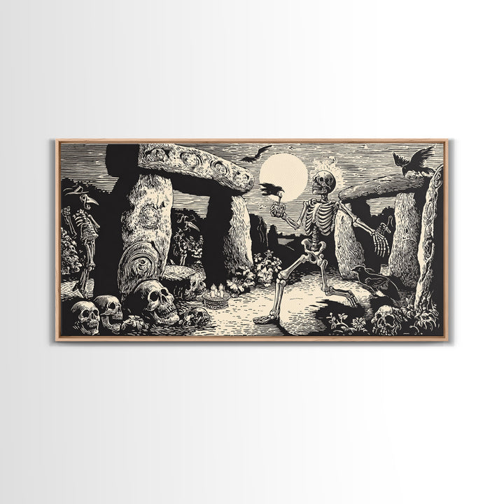 The Stone-Circle Spirit, Macabre Folk Print Art, Wide Panoramic Art, Gothic Horror Wall Art, Framed Canvas Print