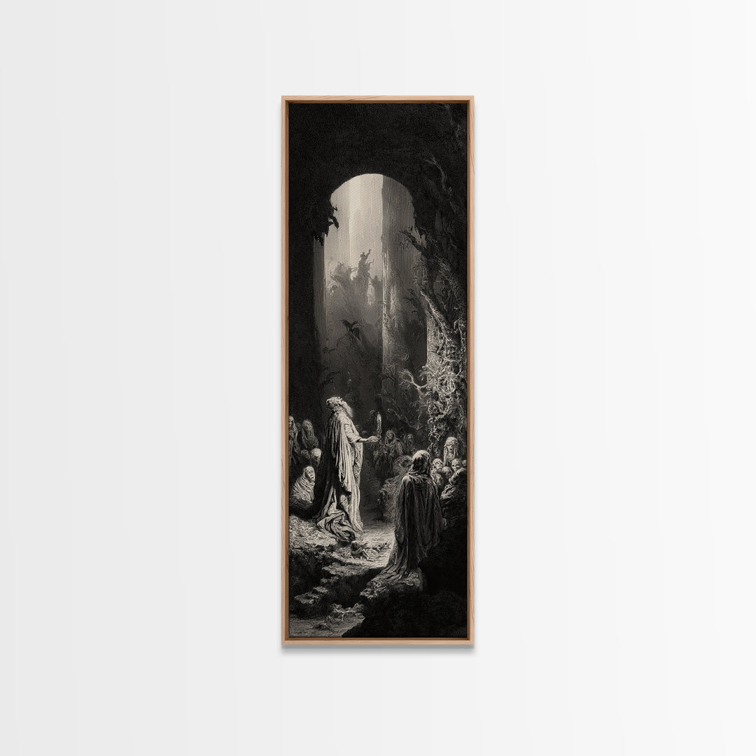 The Cave Oracle, Gothic Engraving Art, Tall Narrow Wall Art, Dark Halloween Decor, Framed Canvas Print, Halloween Wall Art