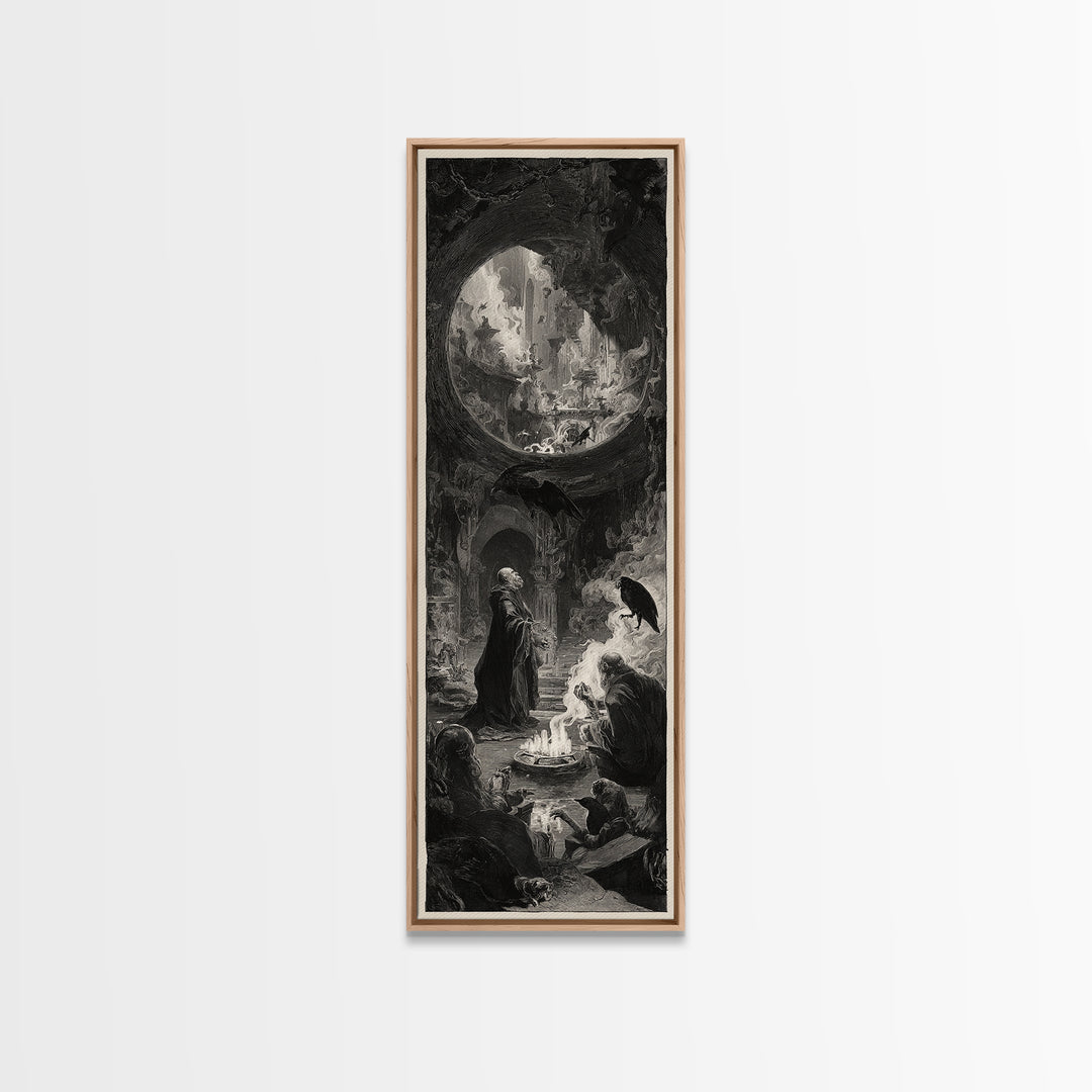 The Cave Oracle, Architectural Etching Art, Tall Narrow Wall Art, Dark Halloween Decor, Framed Canvas Print, Dark Fantasy Art