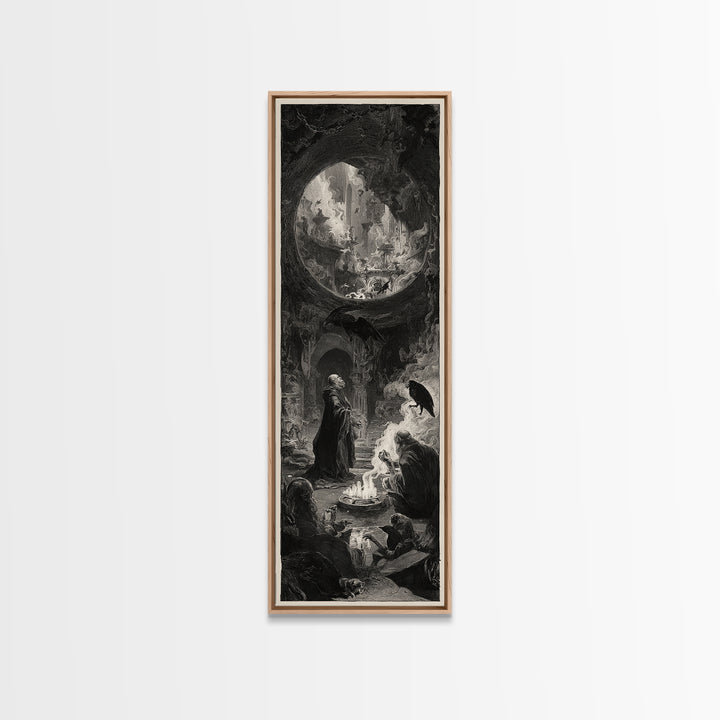 The Cave Oracle, Architectural Etching Art, Tall Narrow Wall Art, Dark Halloween Decor, Framed Canvas Print, Dark Fantasy Art