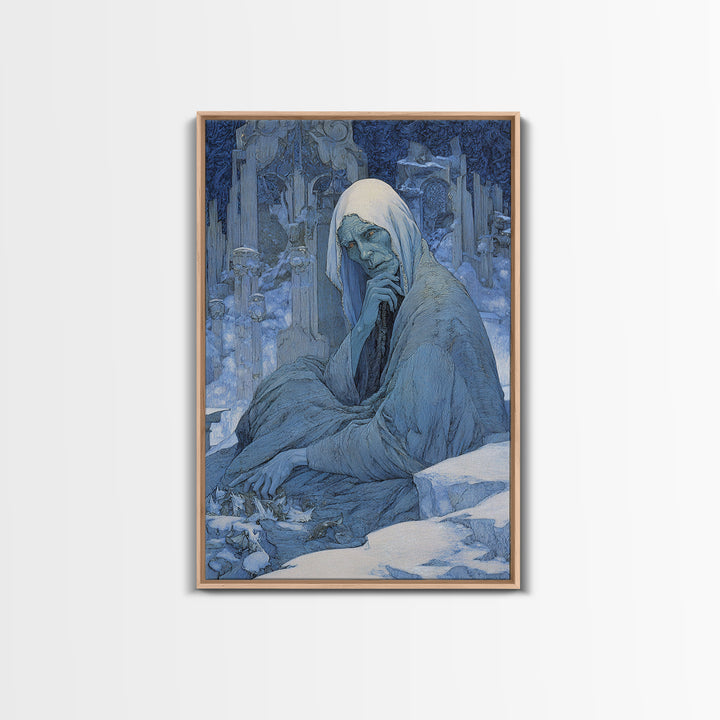 The Cave Oracle, Symbolist Death Art, Vertical Wall Art, Dark Fantasy Wall Art, Framed Canvas Print, Halloween Wall Art